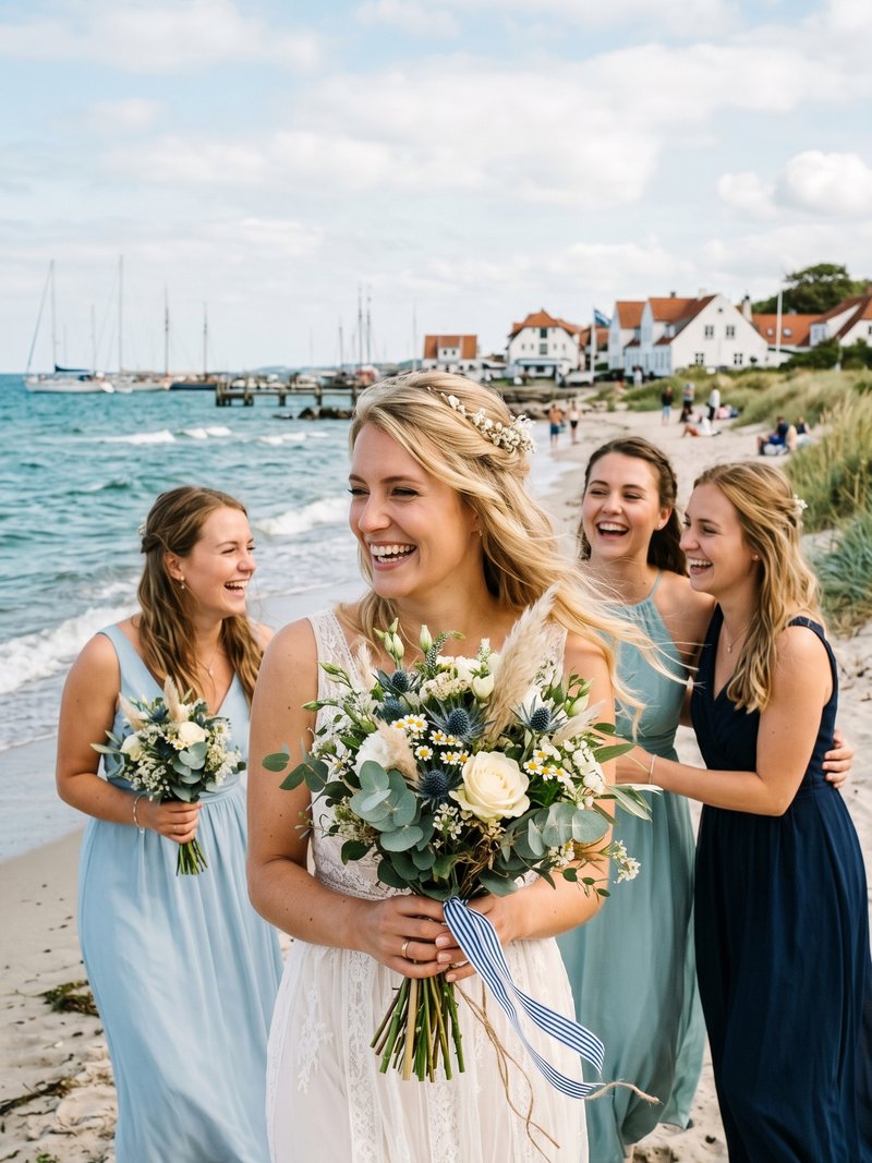 Brautmoden · Braut mit Brautjungfern am Strand